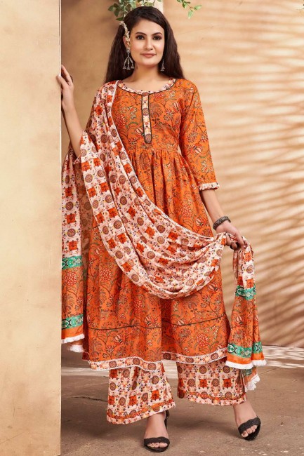 Designer imprimé Maslin Salwar Kamezez en orange avec écharpe Chinon