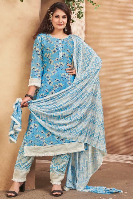 Blue Maslin Designer imprimé Salwar Kameez avec foulard chinon