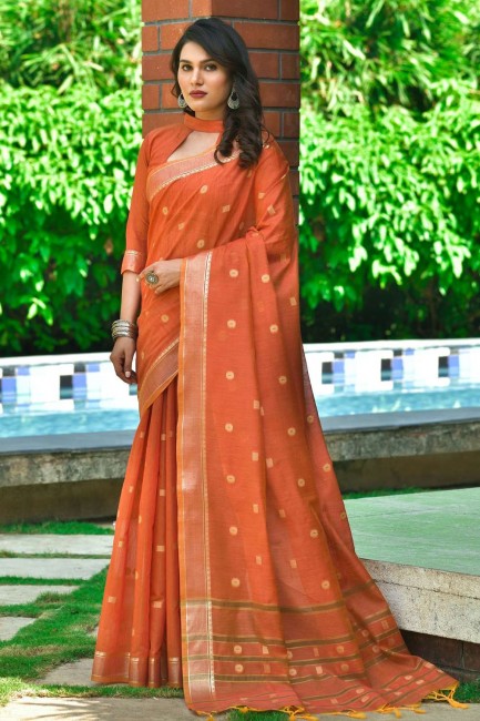 Rust Sambalpuri Cotton saree with Resham Wevon Designer