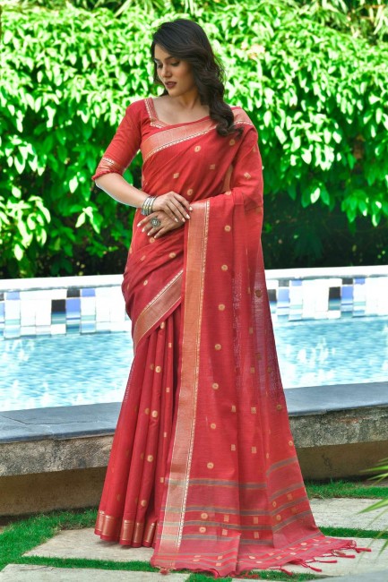 Sambalpuri Cotton Saree en rouge avec Resham Wevon Designer