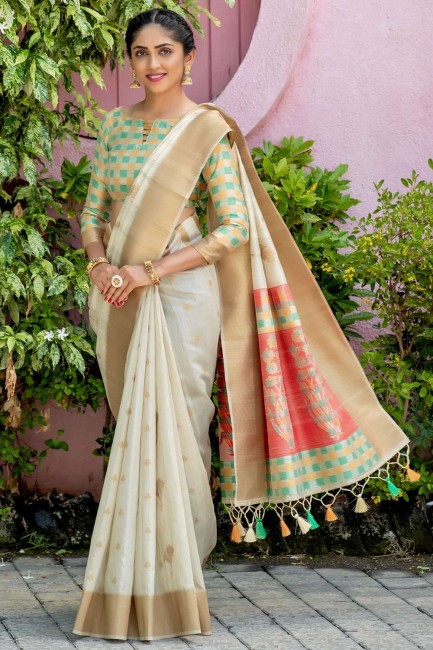 Off White South indian saree with Wevon Multy Color Pallu Designer Tussar Silk