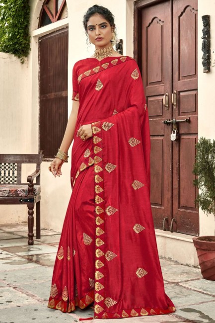 Travail de broderie Jari Designer Saree à Red Vichitra Silk
