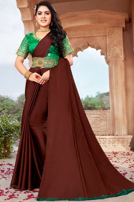 Brown Moss Chiffon Designer Blouse With Belt Work saree with Blouse