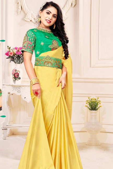 Yellow saree in Designer Work Blouse With Belt Satin Chiffon