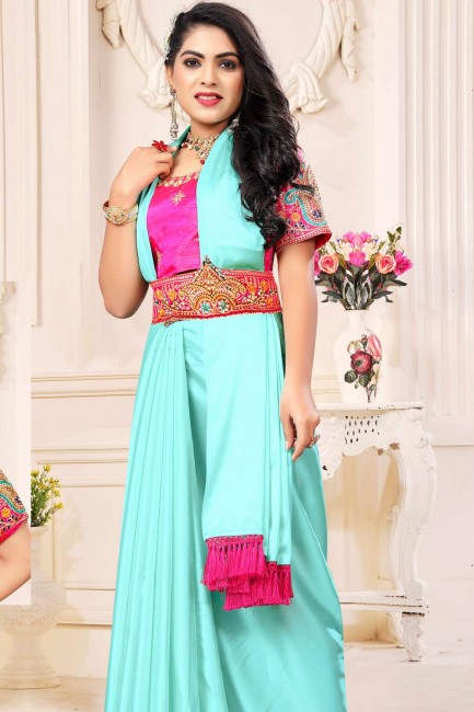 Turquoise Satin Saree Saree avec chemisier de travail de concepteur avec ceinture
