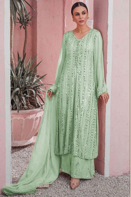 Faux Georgette Pakistani Palazzo Costume en vert avec designer lourd de broderie