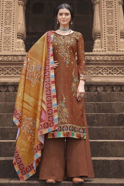 Pashmina Silk Digital Imprimé, Broderie Travail Brown Palazzo Salwar Kameez avec écharpe acrylique Pashmina