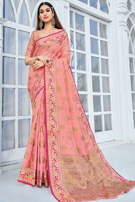 Saree rose avec tissage de designer Jari Training Coton Handloom