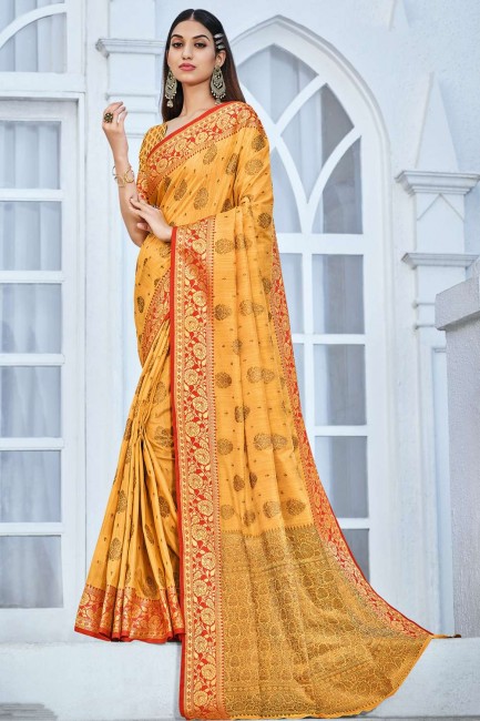 Cotton Handloom saree with Designer Weaving Jari Work in Yellow