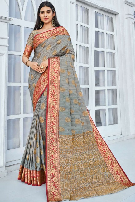 Grey Designer Weaving Jari Work Cotton Handloom saree