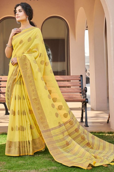 tissage de sari en coton jaune