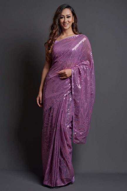 sari en georgette brodé violet avec chemisier