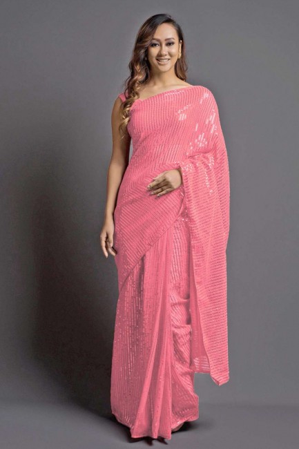 sari georgette en rose avec broderie