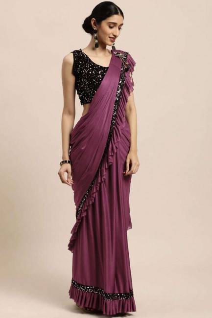 sari en poly coton brodé violet avec chemisier