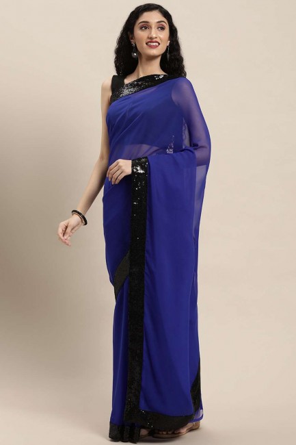 sari bleu royal avec georgette en dentelle brodée