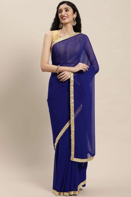 sari bleu avec dentelle, pierre avec moti georgette