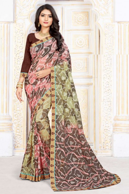 sari en soie d'art d'impression numérique en marron