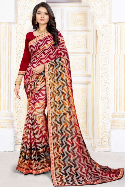 sari rouge en soie d'art avec impression numérique