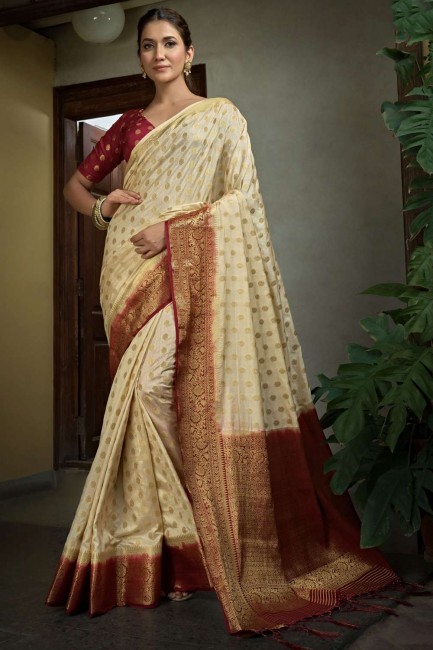 sari beige avec zari, tissage de soie