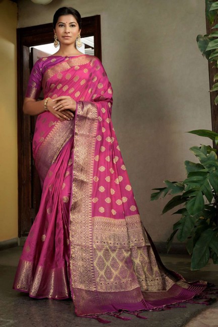 zari en soie,tissage sari rose avec chemisier