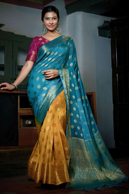 sari du sud de l'Inde en soie d'art avec tissage en bleu