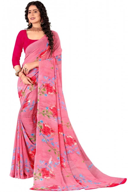 sari en georgette imprimé rose avec chemisier