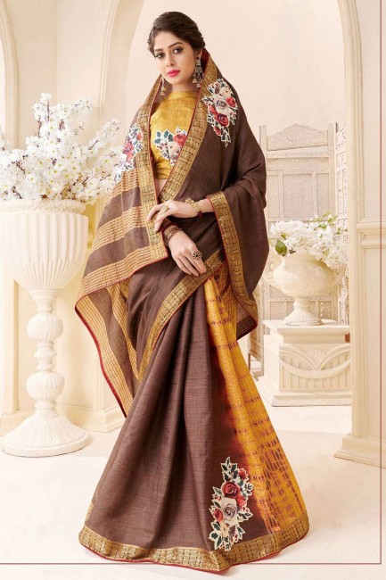 sari imprimé et tissé en soie de tussard marron