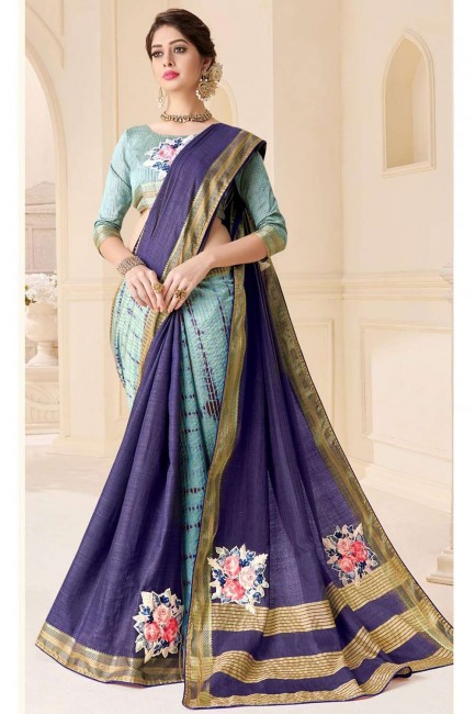 sari imprimé et tissé en soie de tussard bleu