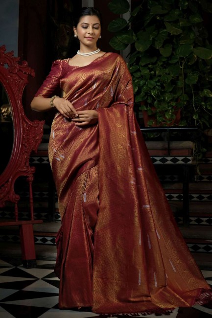 sari du sud de l'inde en soie grège rouge avec tissage