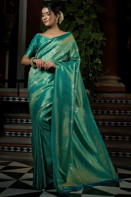 tissage d'un sari du sud de l'Inde en soie grège sarcelle