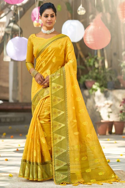 sari en organza jaune avec tissage