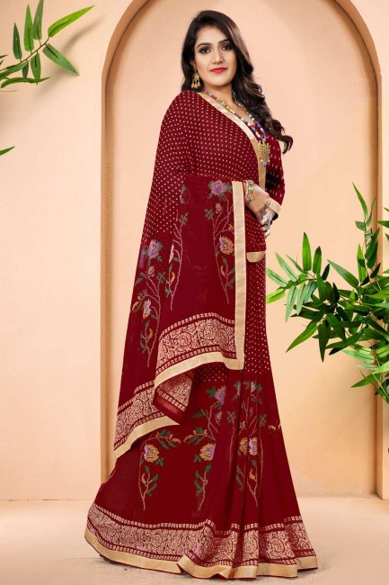 sari en georgette bordeaux avec dentelle imprimée