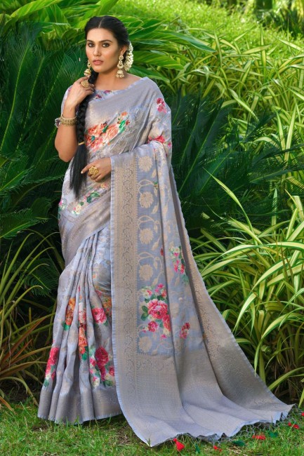 sari gris en soie à impression numérique avec chemisier