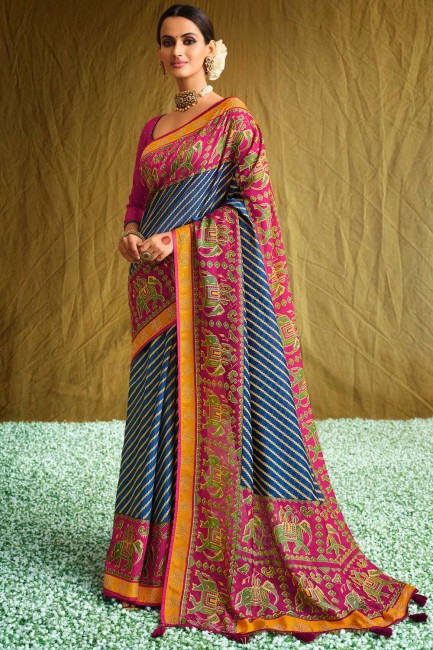 sari du sud de l'Inde en laiton imprimé en bleu
