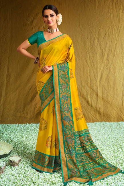 brasso imprimé jaune sud indien sari