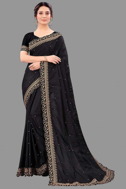 brodé, bordure en dentelle, pierre avec moti sari en soie noire