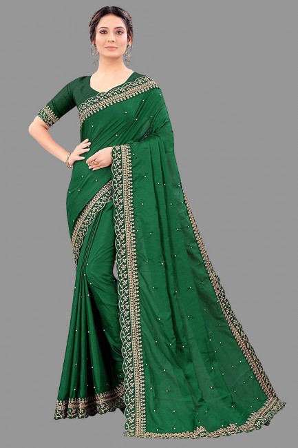 saris vert brodé, bordure de dentelle, pierre avec soie moti
