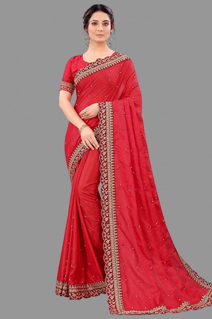 sari en soie rouge avec bordure en dentelle brodée, pierre avec moti