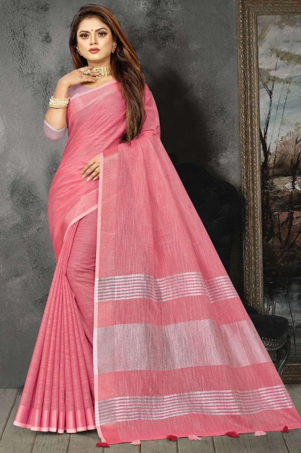 sari en lin à bordure en dentelle rose