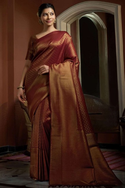 saris marron en soie d’art avec tissage