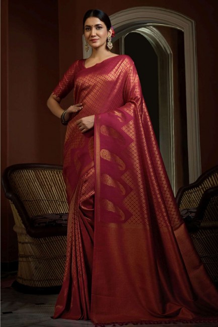 sari rose avec soie d'art de tissage