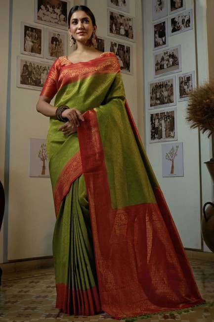 tissage art sari vert soie avec chemisier