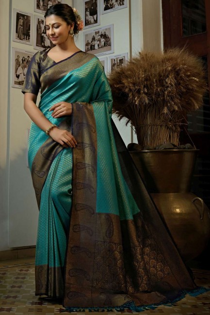 sari bleu en soie d'art avec tissage