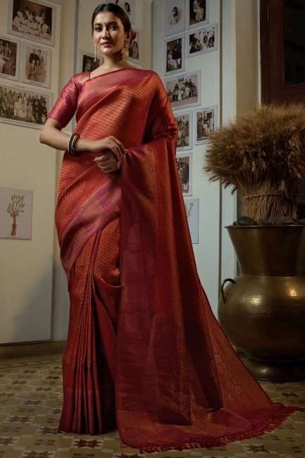 sari de soie d'art en rouge avec tissage