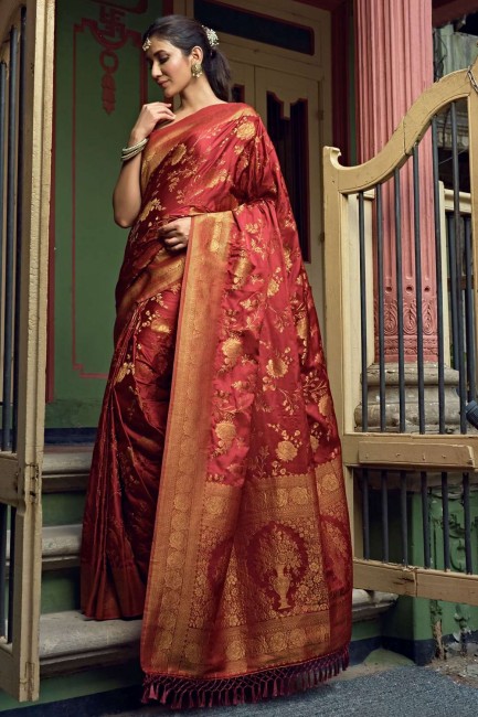 sari de soie d'art en marron avec tissage