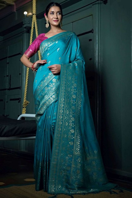 sari de soie d'art en bleu avec zari, tissage
