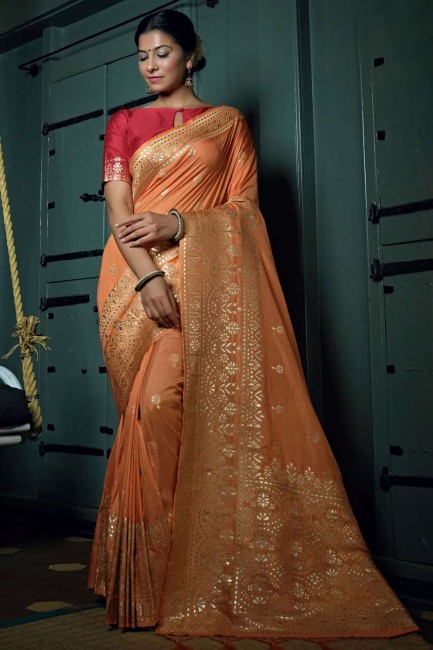 zari, sari de pêche en soie d'art de tissage avec chemisier