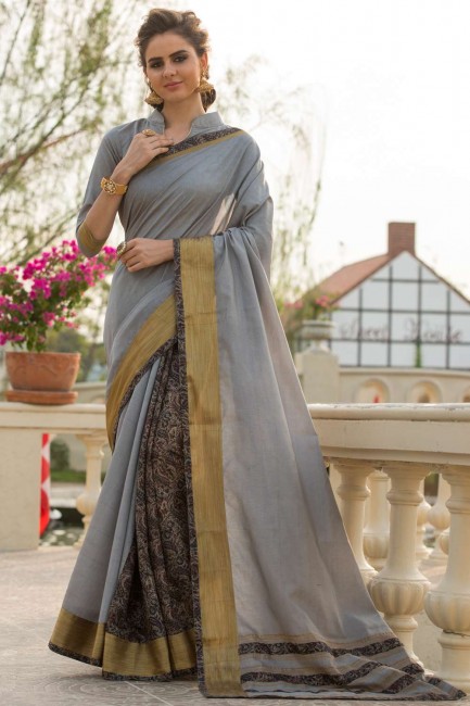 dentelle grise, impression numérique sari en soie d’art