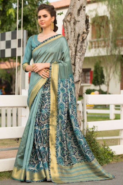 sari en soie d'art avec bordure en dentelle, impression numérique en vert