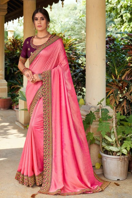 Resham,zari,embroidered Silk Saree in Pink